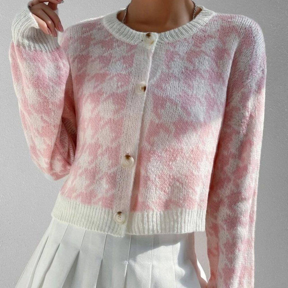 Pink Contemporary Houndstooth Print button down knit sweater Cardigan - Picture 2 of 6